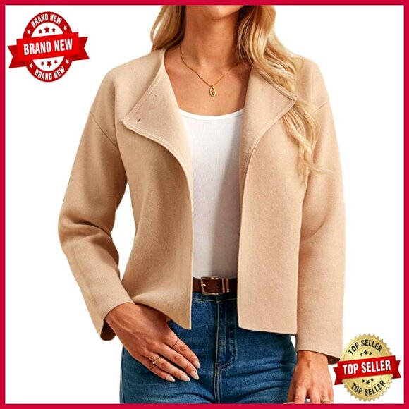 Jackets & Blazers - Cropped Knit Sweater Blazer, Oversized Open Front, Lapel Cardigan